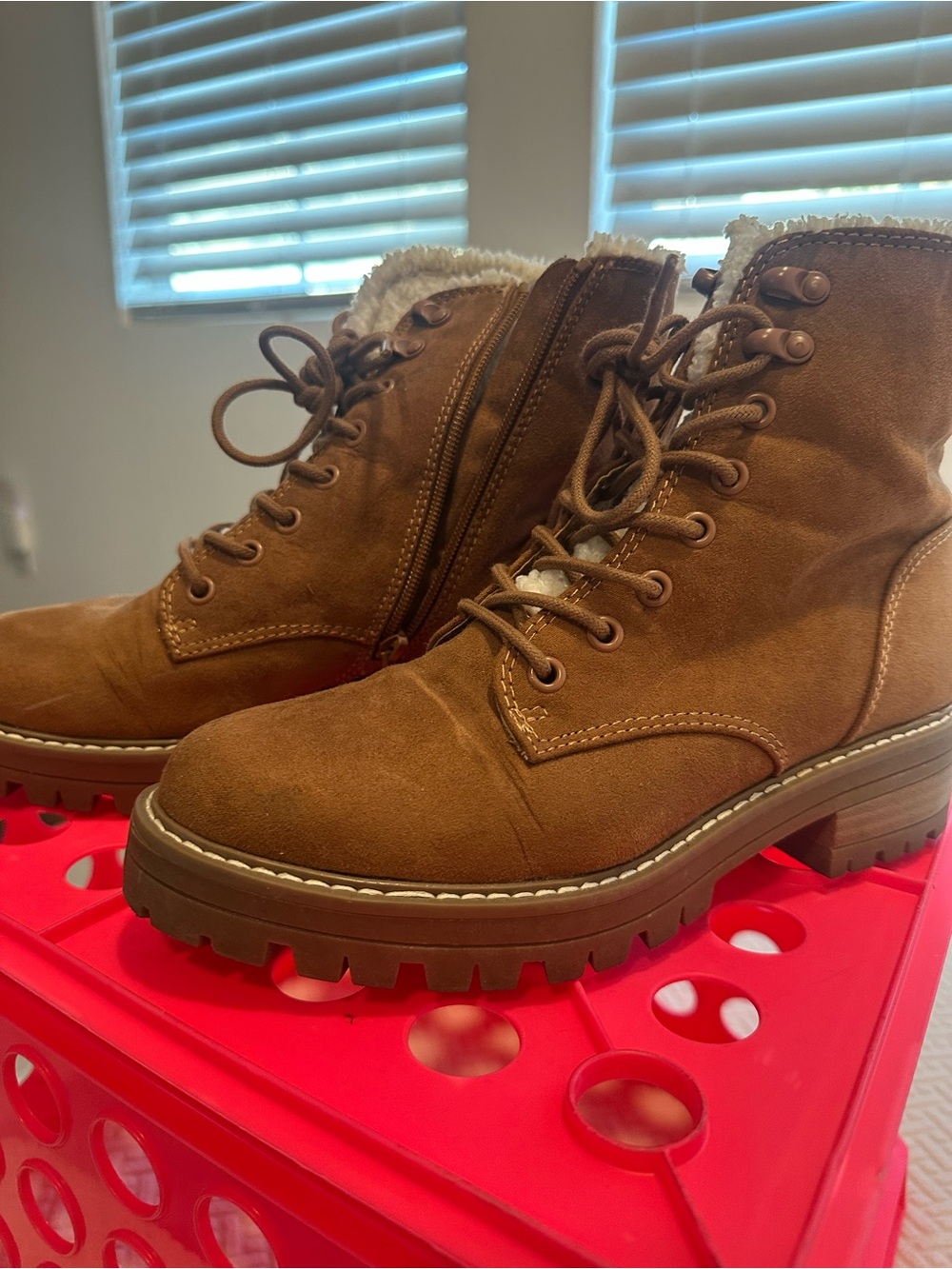Merona Brown Lace-Up Faux Suede Ankle Boots with Sherpa Trim